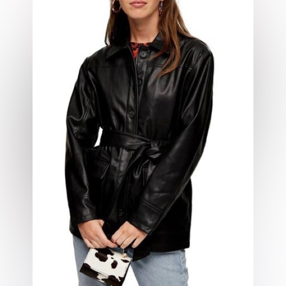 Topshop Faux Leather Tie Shirt Jacket